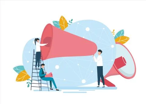 Millennial People Communicating Using Megaphone Over White Background 스톡 일러스트