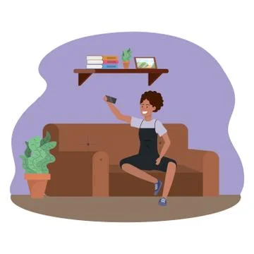 Millennial sitting in couch smartphone Stock Illustration