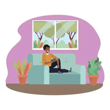Millennial sitting in couch smartphone Illustrazione stock