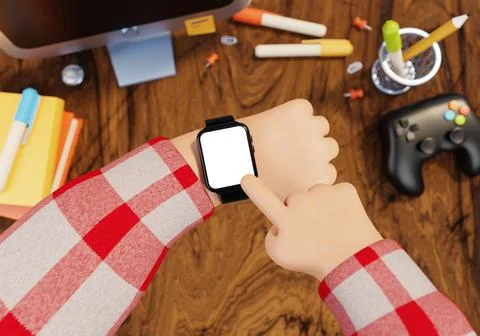 Millennial student hands using smart watches with desk table, computer and Stockillustratie