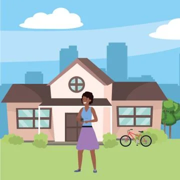 Millennial using smartphone browsing house background Stock Illustration