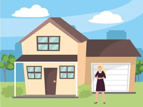 Millennial using smartphone browsing house background Illustrazione stock