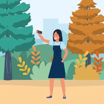 Millennial using smartphone browsing selfie nature background Illustrazione stock