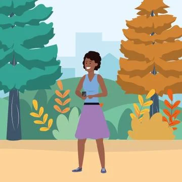 Millennial using smartphone browsing texting nature background Illustrazione stock