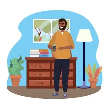 Millennial using smartphone indoors background texting Illustrazione stock