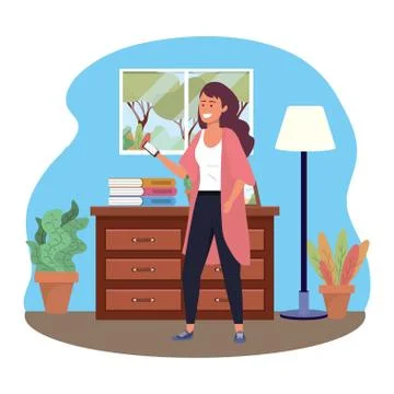 Millennial using smartphone indoors background texting Illustrazione stock