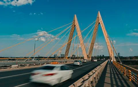 The Millennium Bridge in Kazan. Cable-stayed bridge on the highway. Stock Photos