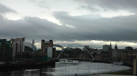 Millennium Bridge, Tyne Bridge, Baltic Art Gallery and Sage Centre, Newcastle Stock Footage 1102713