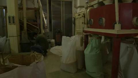 A miller checking the operation of a mechanical industrial mill and working Stock Footage 173482857
