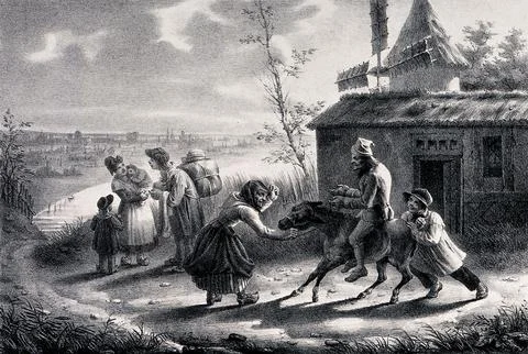 A miller sits on a donkey which is being pulled by the reins and pushed fro.. Stock Illustration