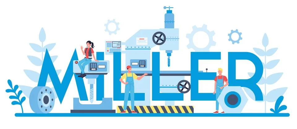 Miller typographic header concept. Engineer drilling metal Illustrazione stock