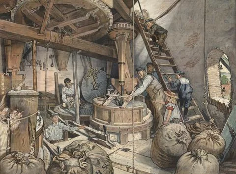Millers and children working in the mill mill, surrounded by sacks of grain. Ilustración de archivo