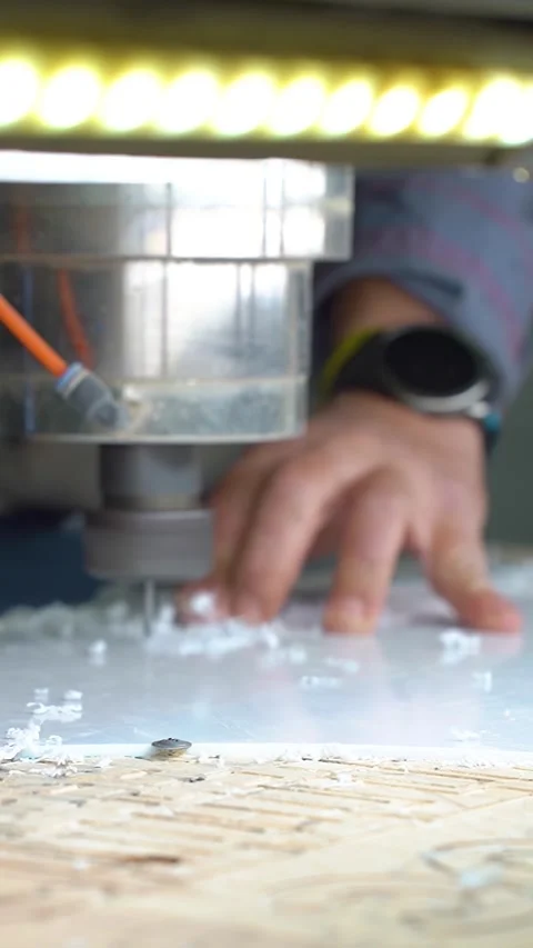 A milling machine cuts letters out of a plastic sheet. Vertical video. Stock Footage 286979917