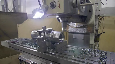 Milling machine cuts metal making part. Process of metalworking. 스톡 동영상 129102377