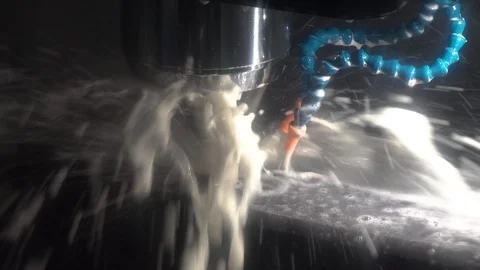 Milling metalworking process by cnc machine with coolant and lubrication Stock Footage 119866518