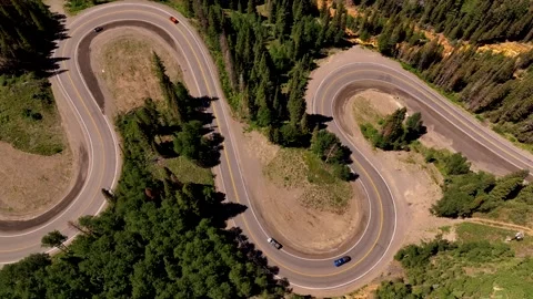 Million Dollar Highway snaking through Colorado overhead aerial 스톡 동영상 259544565
