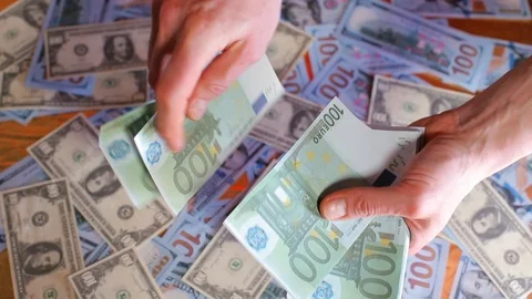 The millionaire considers euro bills with his hands. Stock Footage