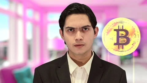 Millionaire Handsome guy with bitcoin background, 4K ProRes Stock Footage 164638398