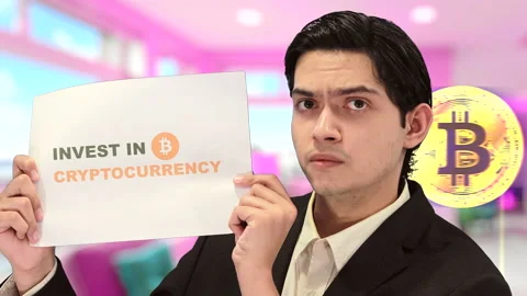 Millionaire Handsome guy with bitcoin background, 4K ProRes Video stock 164638414