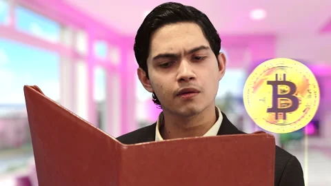 Millionaire Handsome guy with bitcoin background, 4K ProRes Stock Footage 164638676
