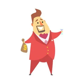 Millionaire Rich Man Holding Money Bag And Glass Of Martini,Funny Cartoon Stock Illustration