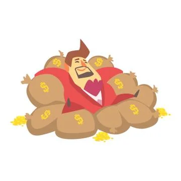Millionaire Rich Man Laying On Money Bags Filled With Golden Coins,Funny Cartoon Stock Illustration