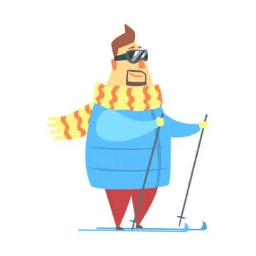Millionaire Rich Man On Ski In Mountain Resort,Funny Cartoon Character Lifestyle Stock Illustration
