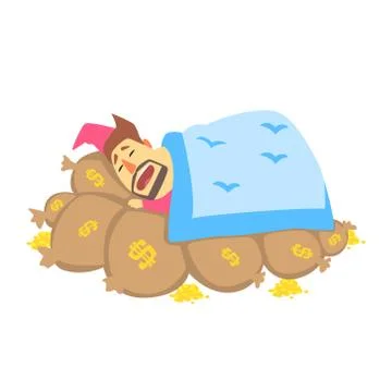 Millionaire Rich Man Using Bags With Money As Bed To Sleep,Funny Cartoon Stock Illustration