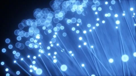 Millions of fiber optic cables transmit signal in a chaotic motion. Red and b Ilustración de archivo