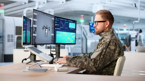 Millitary Engineer Using 3D CAD Software And Scada System Stock Footage 329294020