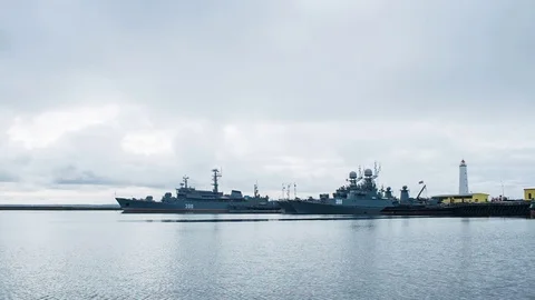 Millitary ships in harbor Stock Footage 81668278