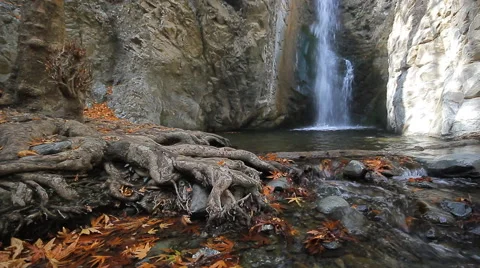 Millomeri waterfall  and stream in the forest at Troodos mountains Stock Footage 48478064
