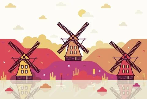 Mills next to the river - Vector cartoon illustration in flat stile Stock Illustration