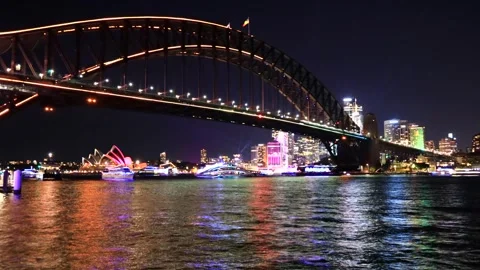 Milsons point Sydney Harbour bridge at Vivid Sydney light show night 4k. Stock Footage 310868374