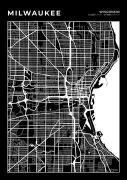 Milwaukee Map Wall Art Frame, Cartography Map Print, City Layout Map Stock Illustration