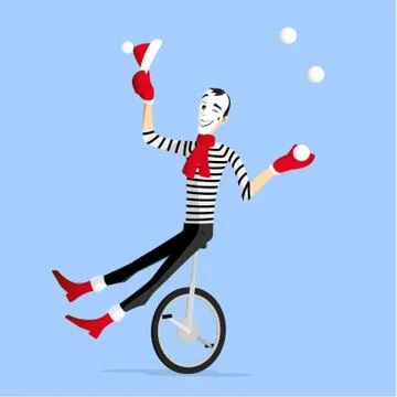 Mime winter preformance on unicycle Stock Illustration