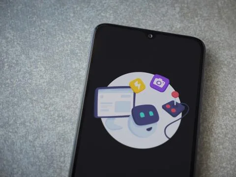 Mimo - Learning coding app launch screen with logo on the display of a black  Stock Photos