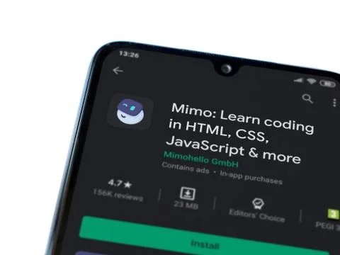 Mimo - Learning coding app play store page on the display of a black mobile s Stock Photos