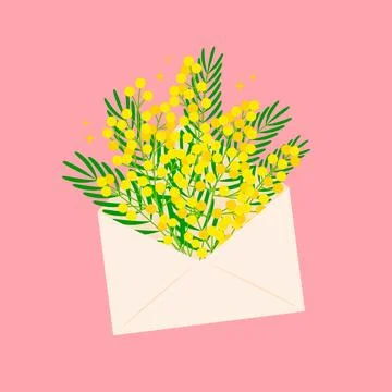 Mimosa branch in the postal envelope. Spring flowers in flat style. Vector .. Stock Illustration