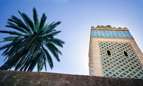 Minaret and palm tree with clear blue sky Stock Photos