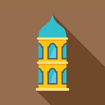 Minaret tower with blue dome casting long shadow, islamic architecture design Ilustración de archivo