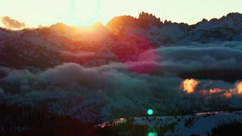 Minarets Vista spring sunset rays Mammoth Mountain Ski Resort California aerial Stock Footage 307158962