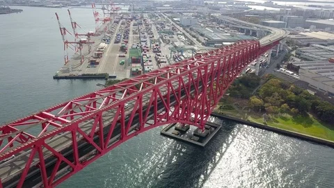 Minato bridge or Red bridge cross over Osaka sea port, Kansai, Osaka Stock Footage 93915249