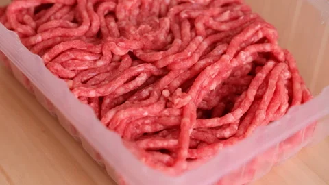 Minced beef in a plastic container. Stock Footage 285450800