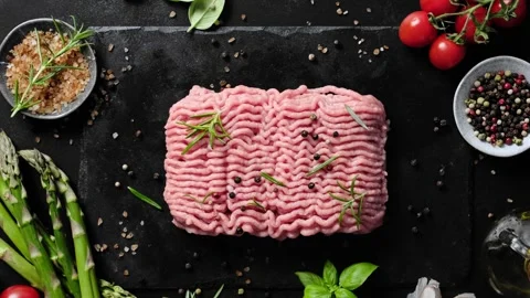 Minced meat. Fresh raw minced meat from turkey, pork, chicken, lamb or beef. Stock Footage 243427207