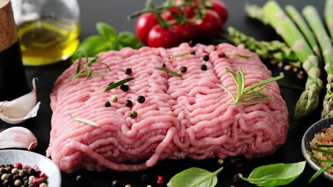 Minced meat. Fresh raw minced meat from turkey, pork, chicken, lamb or beef. Stock Footage 253105684
