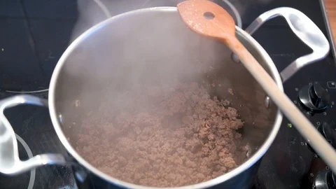 Minced meat is fried in a saucepan 2 Stock Footage 124679524
