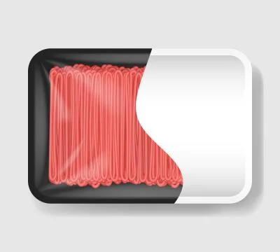 Minced meat in plastic tray container with cellophane cover. Mockup template for Stock Illustration