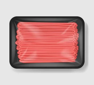 Minced meat in plastic tray container with cellophane cover. Mockup template for Stock Illustration