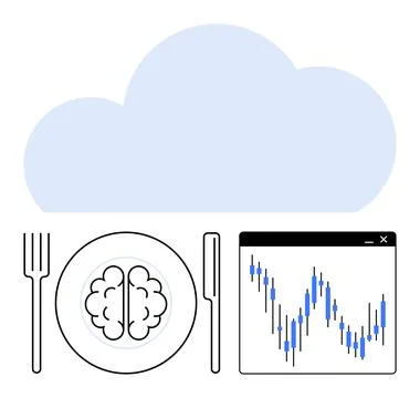 Mind and Data Cloud Computing, Brain on Plate, Fork and Knife, Chart in Bro.. 스톡 일러스트
